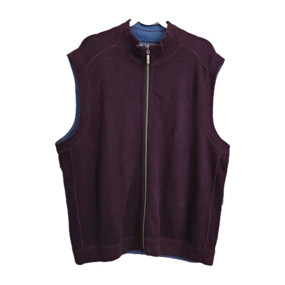 Tommy Bahama Reversible Vest Mens XL Maroon Blue Full Zip Cotton Knit Jacket